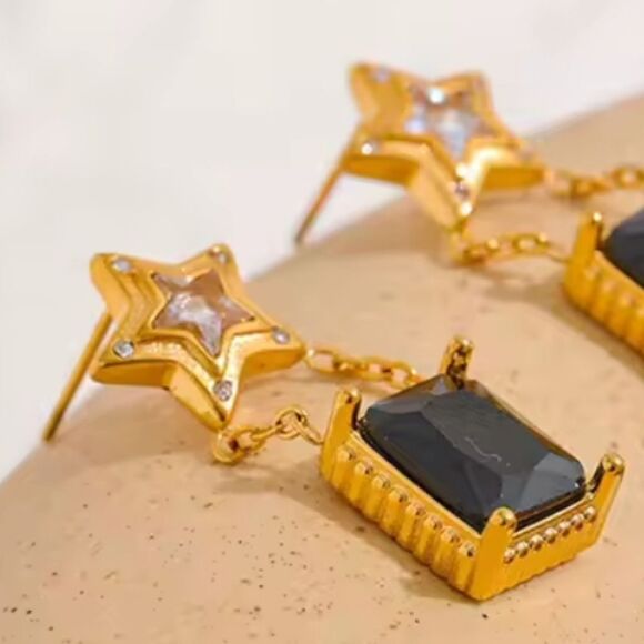 New Stunning 18k Gold Ss and Black Cubic Zircona Star Drop Earrings - Picture 6 of 9